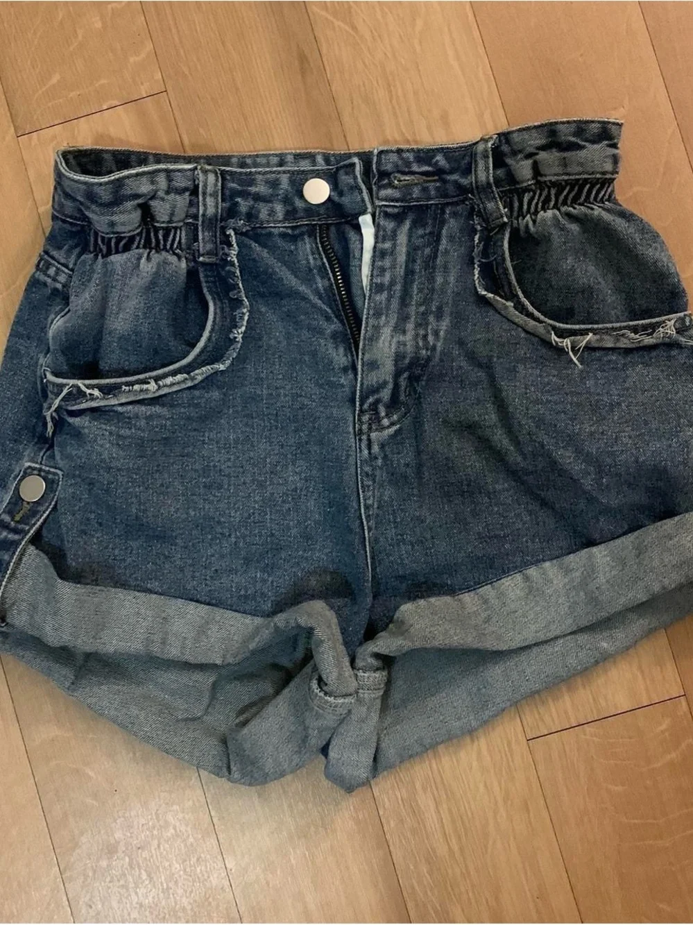 High-Rise Dark Wash Denim Shorts with Rolled Cuffs